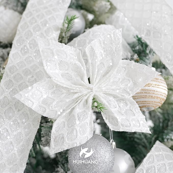 HUIHUANG White Glitter Wired Ribbon for Christmas Tree 2.5 inch White Diamond Mesh Wire Ribbon for Tree Decoration, Wreaths, Garland, Gift Wrapping, Large Bows Making, Home Decor -10 Yards