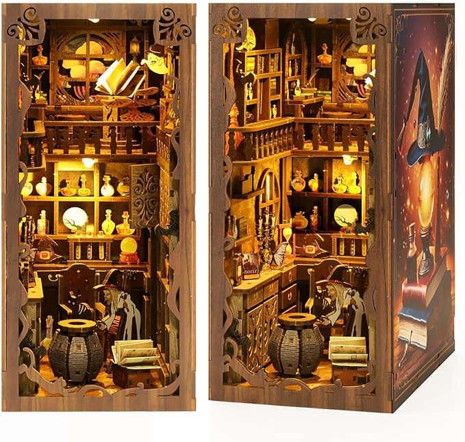 Book Nook Kit for Adult - THRIVINGIVAN Miniature Model Build Dollhouse Kit 3D Wooden Puzzle with Sensor Led Light for Bookshelf Bookend Insert Decor Adults Teen Crafts(Magic Bookstore)