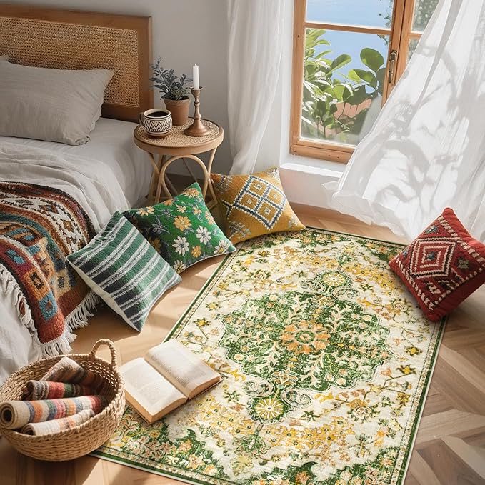 Lahome Bohemian Floral Medallion Area Rug - 3x5 Soft Rug for Bedroom Living Room Mat, Cute Washable Indoor Floor Throw Carpet for Office Entry Way Apartment Dressing Room RV, Yellow/Green/Multi