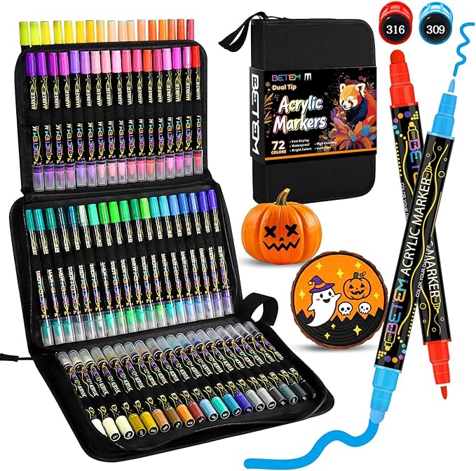 Betem Acrylic Paint Markers Pens, Dual Tip 72 Colors Premium Paint Pens Acrylic Markers for Wood, Fabric, Canvas, Stone, Rock Painting, Glass, Ceramic Surfaces, DIY Crafts Making Art Supplies with Bag
