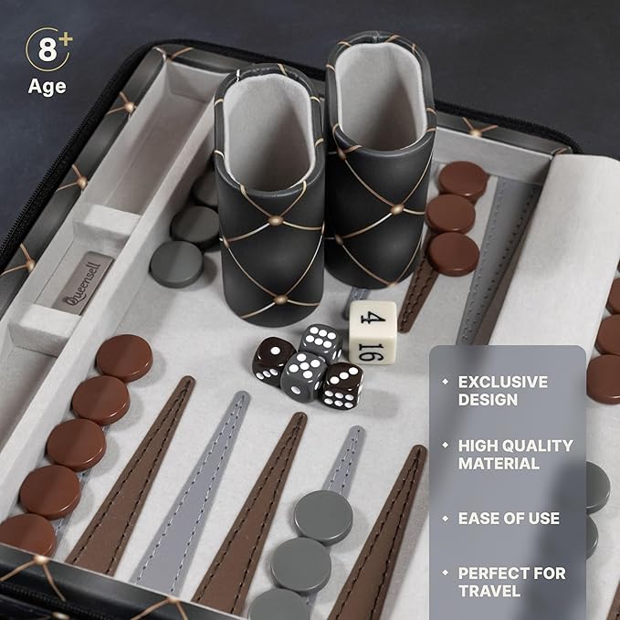 Magnetic Travel Backgammon Sets for Adults - Quality PU Leather Backgammon Board Game for Adults and Kids - 14" Gift for Man Backgammon Board with 32 Magnetic Pieces in PU Leather Case