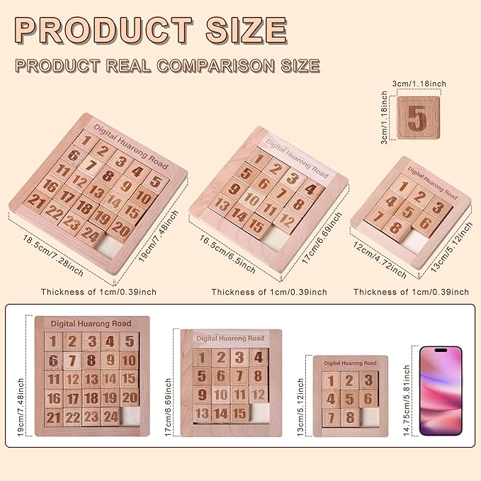 Wooden Number Sliding Puzzle，Brain Teasers Toy Tangram Slide Puzzle Game，Sequential Puzzles Board Game，Educational Toys for Kids and Adults (1-15 Medium Size)