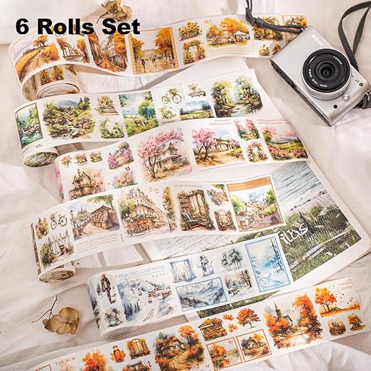 6 Rolls Seasonal Landscape Washi Tape Set, Nature-Inspired Stickers for Journaling, Scrapbooking, and DIY Crafts, with Decorative Clip