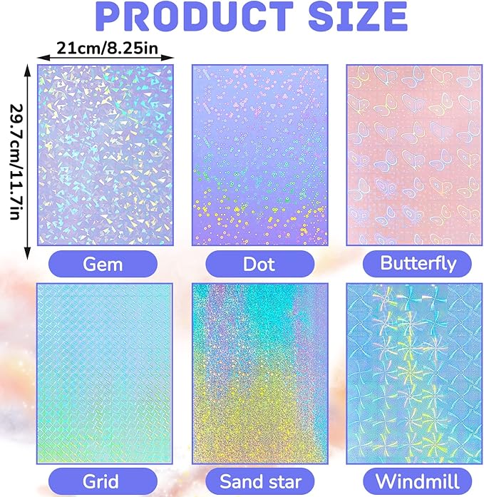 36 Sheets Holographic Sticker Paper Clear A4 Vinyl Sticker Paper Self Adhesive Waterproof Transparent Film Gem Rainbow Star Patterns, 11.7 x 8.3 Inch (Gem,Dot,Butterfly,Grid,Sand Star,Wind Mill)