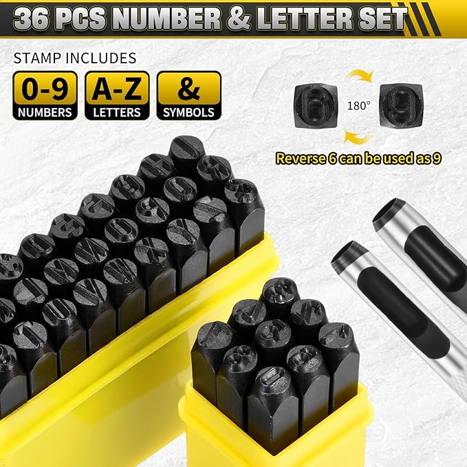 WorkBless 36PCS Metal Stamping Kit, 1/4" (6mm) Steel Number and Letter Punch Set, Include A-Z Alphabet, Number 0-8, & Symbol, Stamping Tool for Imprinting Plastic, Wood, Leather, Jewelry