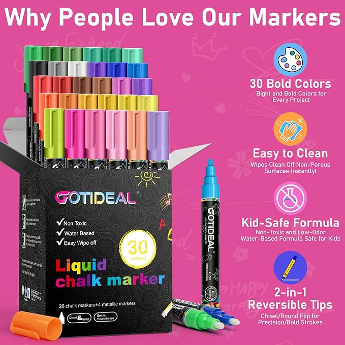 GOTIDEAL Chalk Markers, 30 Colors Liquid Chalk Markers for Blackboard Chalkboard Calendar Glass Neon Pens, Washable Window markers Paint and Drawing for Car, Auto, Bistro,Mirror Wet Erase Chisel Tip