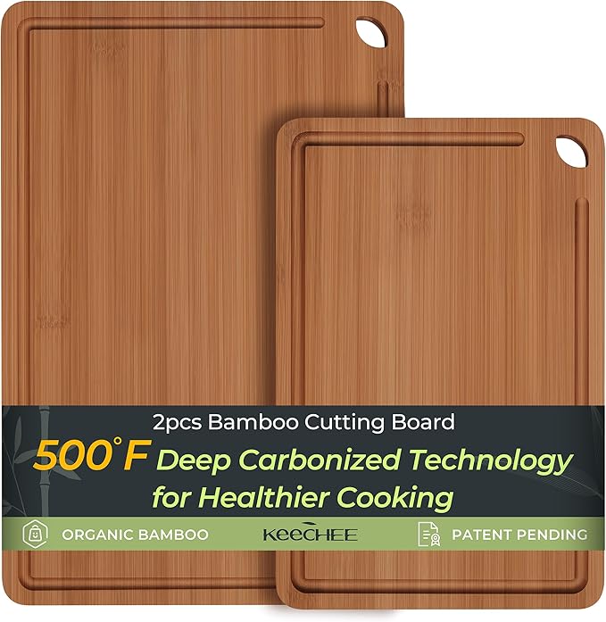Butcher Block 2-Pcs Carbonized Bamboo Cutting Board Set With Juice Groove For Meal Prep & Cheese Serving - Ideal Kitchen Gift Set of 2 (M+L)