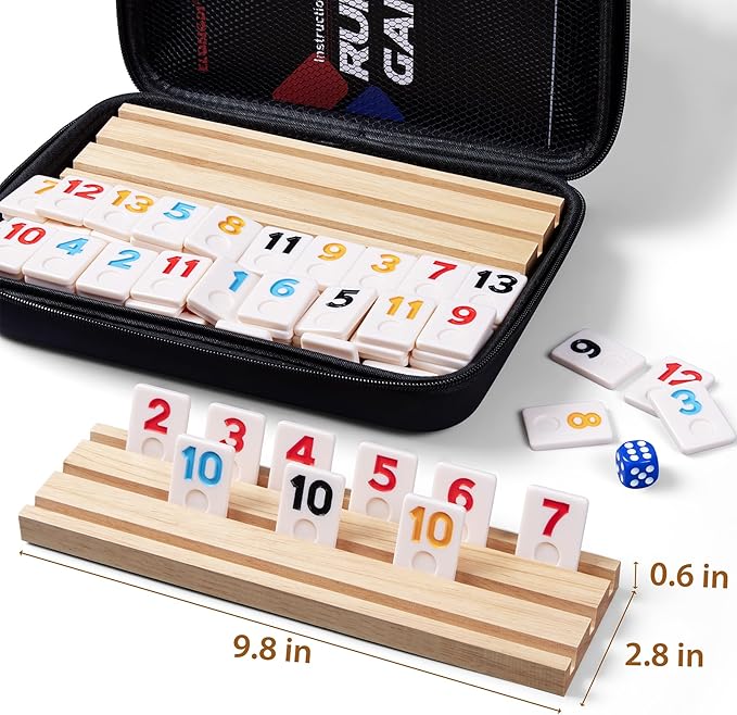 Rummy Cube Game Set with 4 Wooden Racks,106 Rummy Tiles and Portable Case,Classic Travel Board Games for Family Adults and Kids