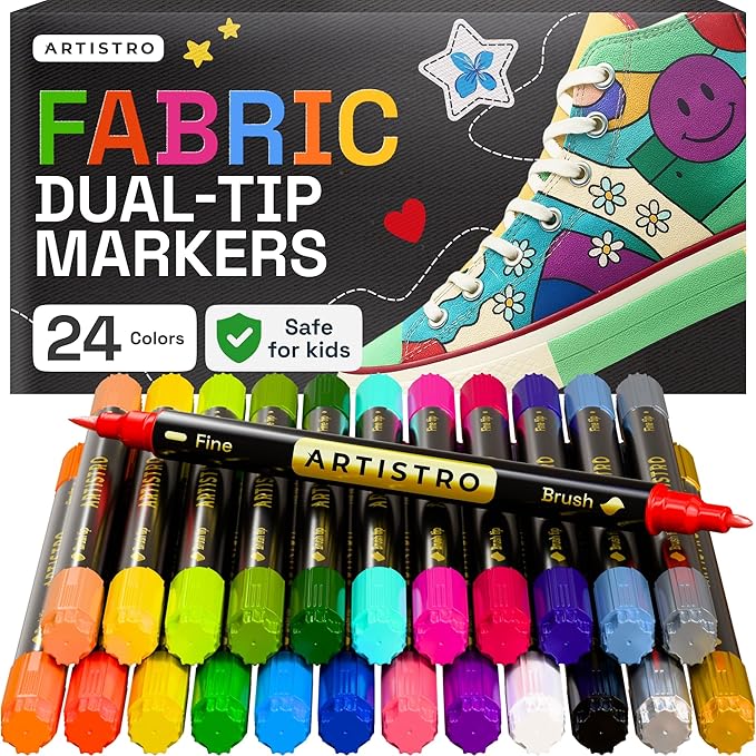 ARTISTRO 24 Dual-Tip Fabric Markers - Fabric Decorating Kit - Permanent for Clothes - Acrylic Paint Pens for Sneakers, Bags, Shoes, Textile, Canvas, Sewing, Craft, DIY, and More - Brush and Fine Tip