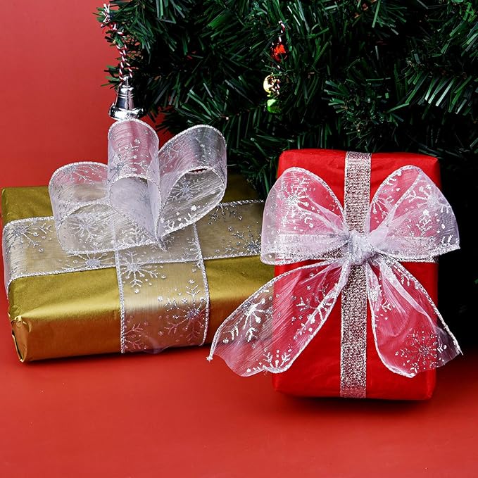 2.5 Inch Wide Christmas Wired Ribbon Snowflake Organza Sheer Glitter Ribbon for Xmas Tree, Wreath, Party Decoration, Gift Wrapping (Silver, 32.7 Foot (Pack of 1))