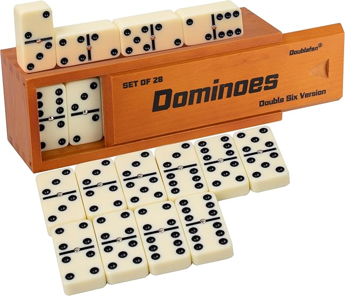 Dominos Set for Adults, Jumbo Size Double 6 Dominoes Set, Classic Board Game for Adults and Elderly, Double Six Thick Size Domino with Spinner 28 Tiles in Exclusive Brown Wooden Box.
