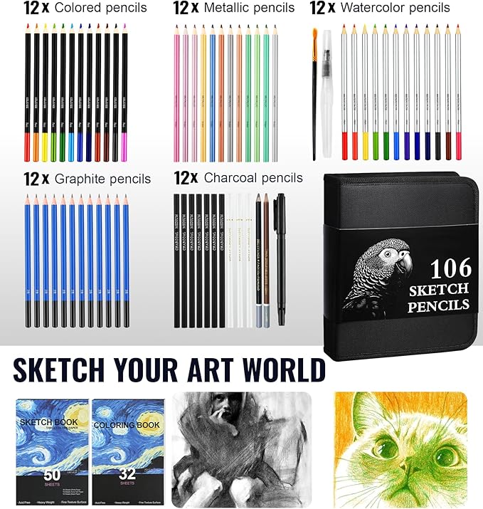 Cool Bank 106 Pack Art Supplies Sketching Kit with 3-Color Sketch Book, Coloring Book, Drawing Pencils with Graphite Colored Charcoal Watercolor & Metallic Pencils, Art Kit Gifts for Artist Adults Kid