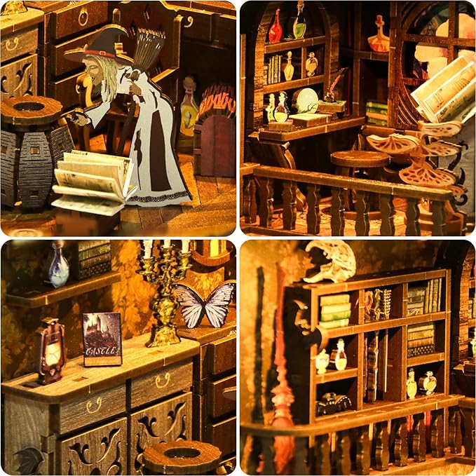 Book Nook Kit for Adult - THRIVINGIVAN Miniature Model Build Dollhouse Kit 3D Wooden Puzzle with Sensor Led Light for Bookshelf Bookend Insert Decor Adults Teen Crafts(Magic Bookstore)