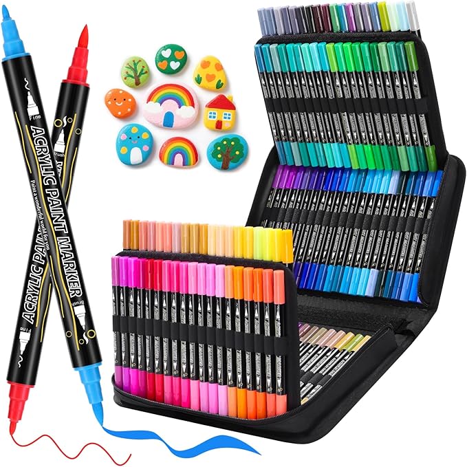 Tongfushop 120 Colors (12 Metallic) Acrylic Paint Marke, Dual Fine & Brush Tip Paint Pens, No Bleed & Quick-Dry with Case for Rock Painting, Canvas, Wood, Ceramic, Glass, Adult & DIY Art Supplies