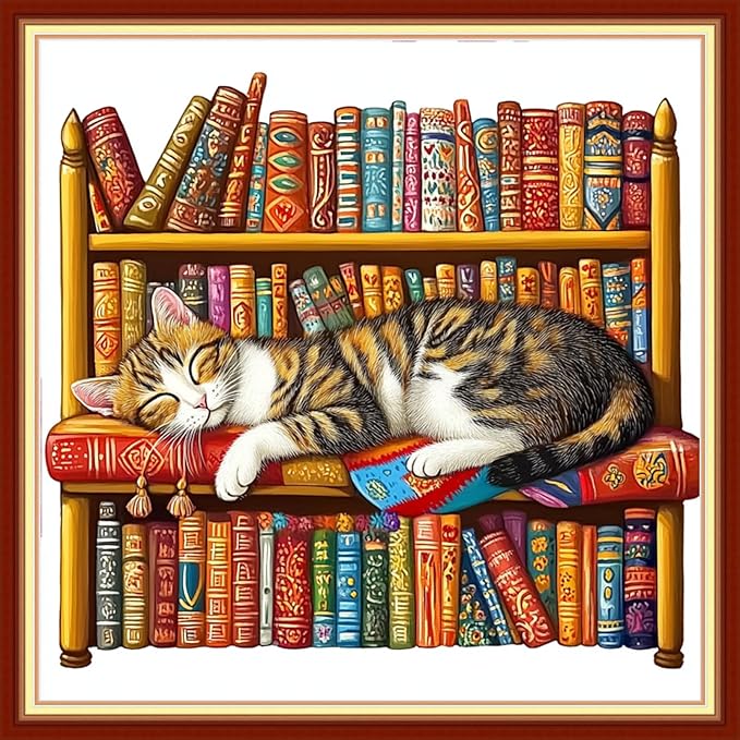 Foxhool Beginners Cross Stitch Kits Stamped Full Range of Embroidery Kits for Adults DIY Cross Stitches kit Embroidery Patterns for Needlepoint kit-Lazy cat Sleeping on The Bookshelf 18x18 inch
