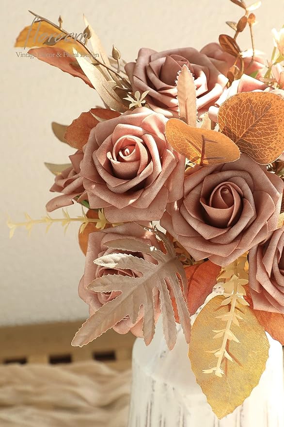 Floroom Artificial Flowers 25pcs Real Looking Warm Taupe Foam Fake Roses with Stems for DIY Wedding Bouquets Bridal Shower Centerpieces Floral Arrangements Party Tables Home Decorations