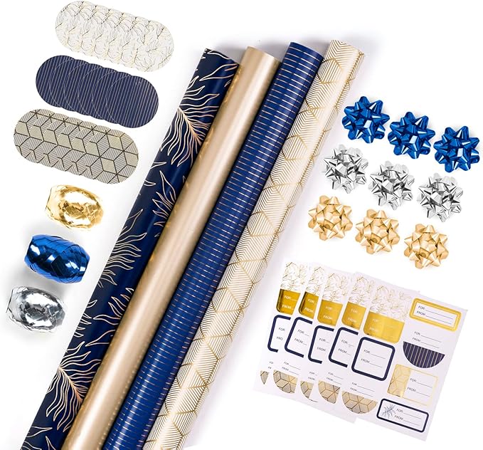 WRAPAHOLIC Navy Wrapping Paper Set - Gold and Navy Wrapping Paper Bundle with Gift Bow & Ribbon & Tag & Sticker, Perfect for Christmas, Birthday, Holiday, Father's Day, Baby Shower