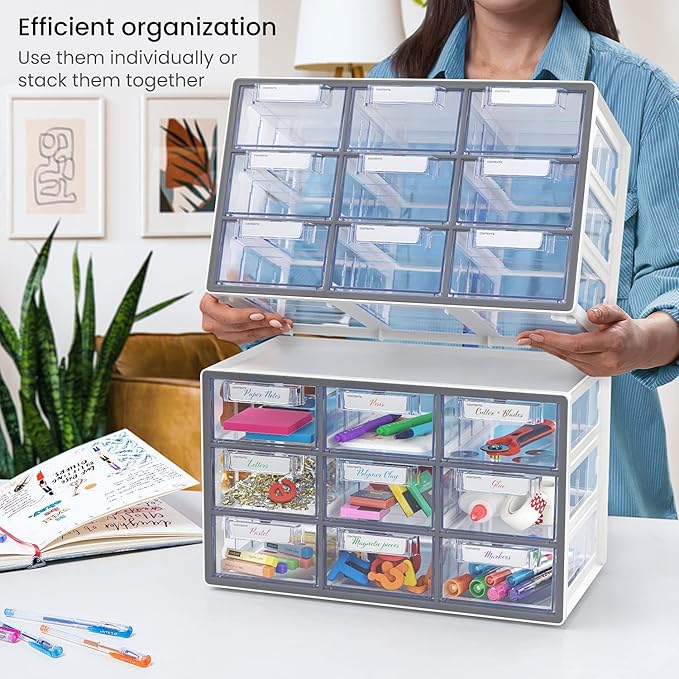 Arteza 9 Drawer Storage Cabinet, 16.1 x 9.3 x 9.8 inches, White, Plastic Drawers with Stoppers, Multi Compartment Organizer for Makeup and Art Supplies