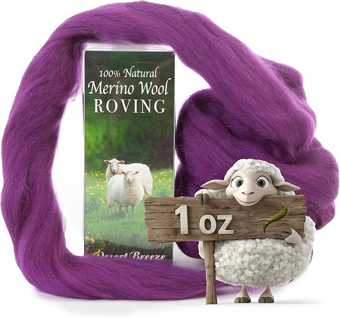 Desert Breeze Distributing 100% Natural Merino Wool Roving - Premium Combed Top Merino Roving Wool - Tapestry, Spinning, Wet Felting & Needle Felting Supplies - 21.5 Micron - 1oz Color Eggplant Purple