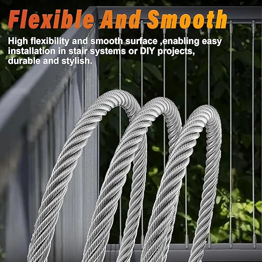 Stainless Steel Cable for Railing - 50FT 1/4" T316 Wire Rope with Clamps and Thimbles - 7 x 19 Strands 6700 LBS Breaking Strength for Outdoor Deck Railing Zipline