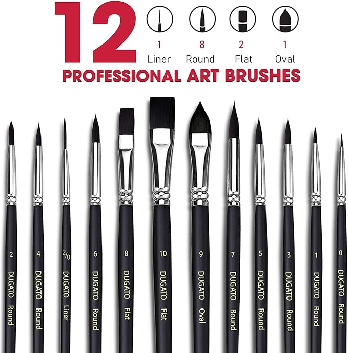 Watercolor Brushes Professional, DUGATO 12pc Artist Paint Brush Set - Synthetic Bristles (Round, Flat, Liner, Oval) for Watercolor Gouache Inks Painting