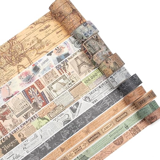 YUBX Vintage Washi Tape Set 10 Rolls Wide Decorative Antique Map Stamp Newspaper Masking Tapes for Arts, DIY Crafts, Journals, Planners, Scrapbook, Wrapping 9/16'', 13/16'', 1'', 1 3/4'', 2 3/8''