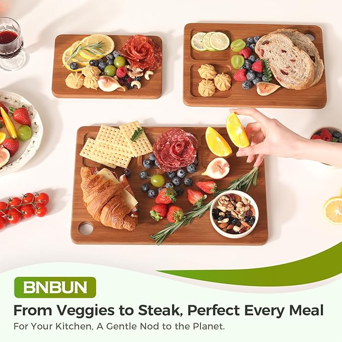 Bamboo Cutting Board for Kitchen, Wooden Cutting Board 3-Piece Set with Non-Slip Mat Deep Juice Groove and Built-In Handles, Wood Cutting Board for Meat Vegetables Fruit Ideal Gift for the Home