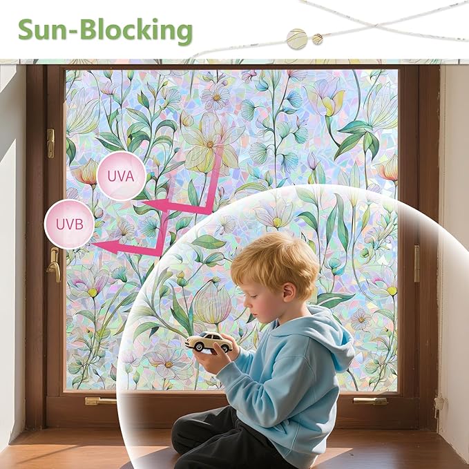 FINNEZ Window Privacy Film Stain Glass Film Flowers Rainbow Window Film Window Clings Non-Adhesive Reusable Decorative for Home（Forest Rainbow，17.5 Inch x 13.1 Feet）