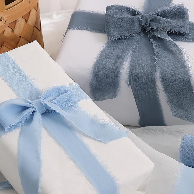 TONIFUL 4 Rolls Silk Chiffon Ribbon, 1-1/2 Inch x 22yds, Dusty Blue Chiffon Ribbons Set, Handmade Fringe Silk Ribbon for Gift Wrapping Bridal Bouquets Wedding Invitations Decoration Crafts