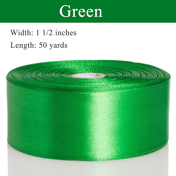 1 1/2 Inch Green Solid Satin Ribbon, 50 Yards Craft Fabric Ribbon for Gift Wrapping Floral Bouquets Wedding Party Decoration