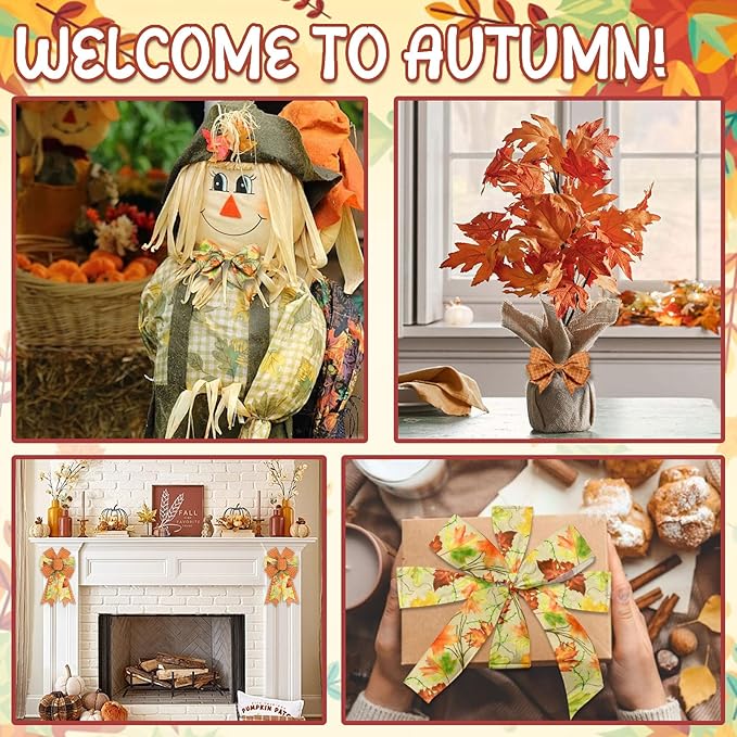 Threetols 2 Rolls 10 Yards Fall Wired Edge Ribbons, 2.5inch Orange Plaid Burlap Ribbon, Autumn Maple Leaves Ribbon for Harvest Thanksgiving Party DIY Craft Fall Wreath Bow Decor