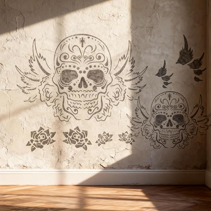 TIAMECH A4 Reusable Flying Skull Wings Stencil for Painting - Halloween Ghost Layering Template, DIY Wall Art, Wood Furniture, Scrapbook & Crafts (8.3x11.7inch)