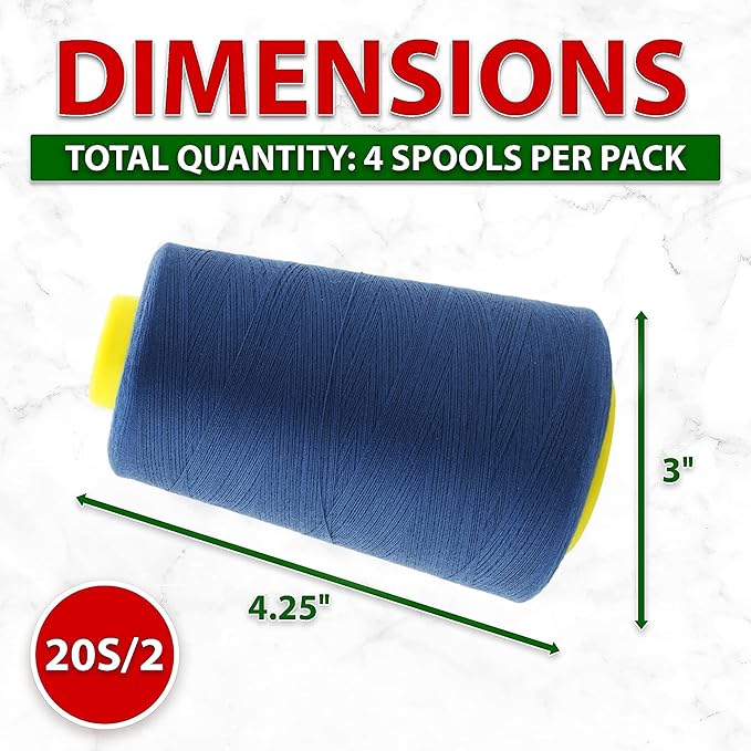 Mandala Crafts 4 Pack of Serger Threads Cones Spools - 40S/2 24000 Yards Polyester Denim Threads for Sergers Machine and Overlock Quilting Sewing Machine