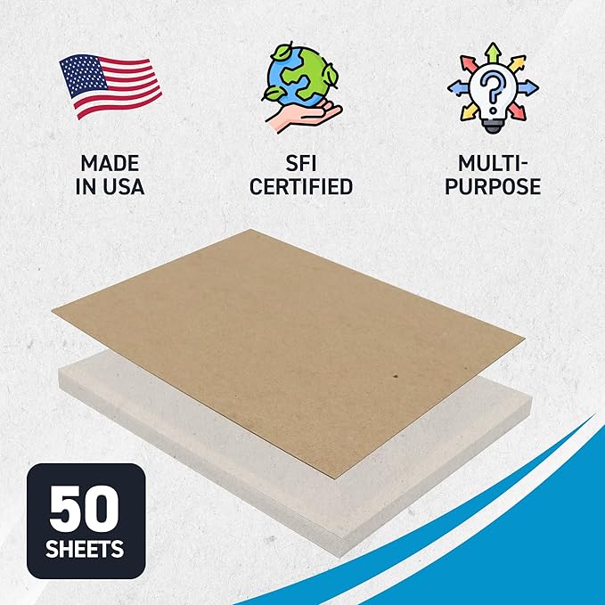 MagicWater Chipboard Sheet for DIY Projects - 8.5x11 Inch - 50 Pack - 50 pt - Heavy Duty Kraft. (0.050 Inch Thick) Paperboard, For Scrapbooking, Books, Picture Frame Backing, Arts Project & Crafts