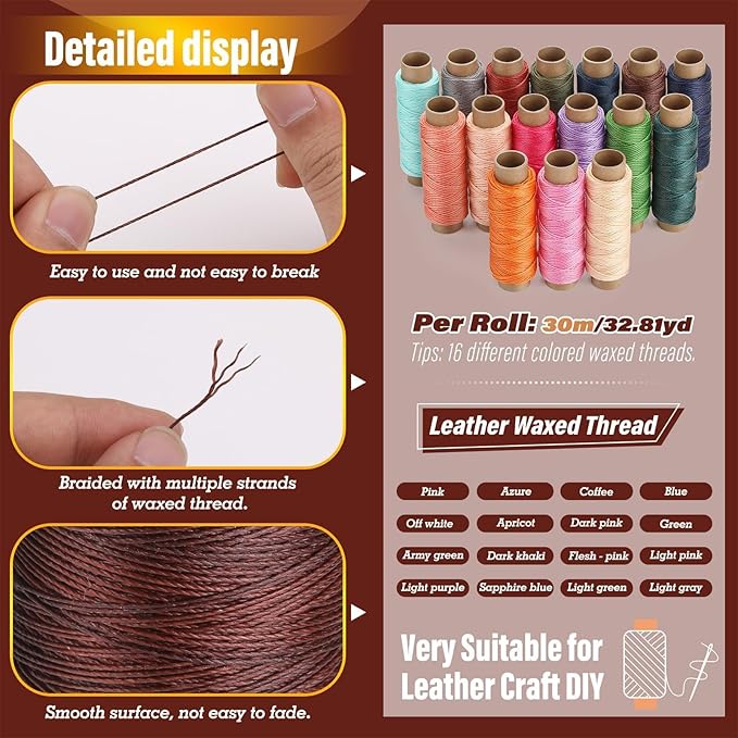 0.8 mm Leather Sewing Thread, 16 Colors 32 Yards Waxed Thread, Round Waxed Thread,Wax String for Bracelet Making, Sewing Stitching, Bookbinding, Braiding, Beading