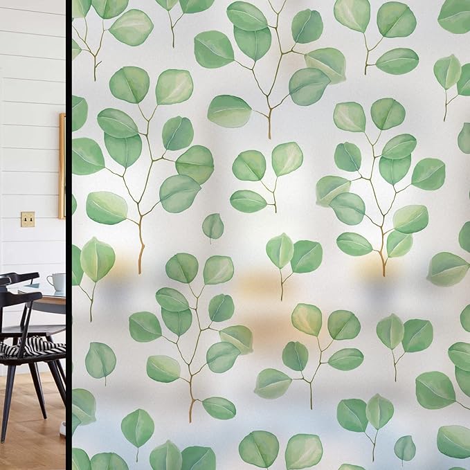 DKTIE Retro Leaves Pattern Two-Way Window Film Privacy Day and Night Window Privacy Film Decorative Stained Glass Window Clings for Birds (S222, 35.4" x 78.7")