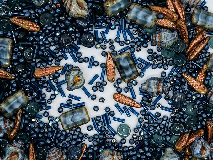 2.1oz (60 g) Mix of Unique Czech Bohemia Glass Pressed Beads, Dark Blue, Table Cut, Matte and Glossy, Faceted Fire Polish, Hand Made Set Kit BCV