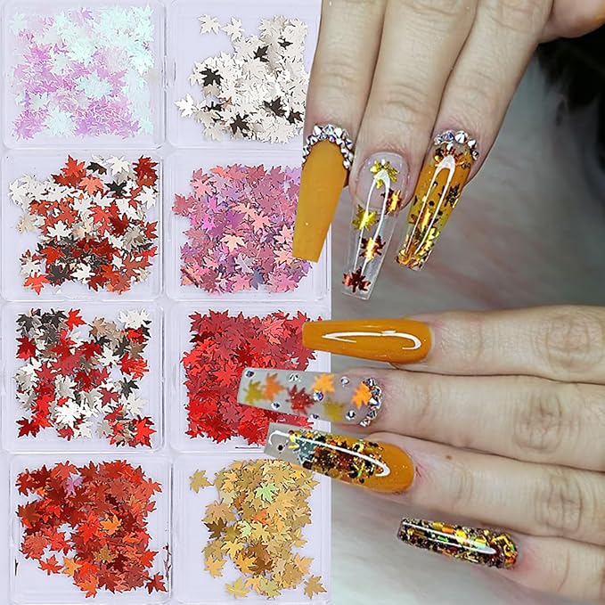 Thanksgiving Glitter Maple Leaf Nail Sequins Fall Nail Flakes Design Nail Charms Holographic Laser Mixed Color 3D Confetti Nail Glitter Sequins for Women