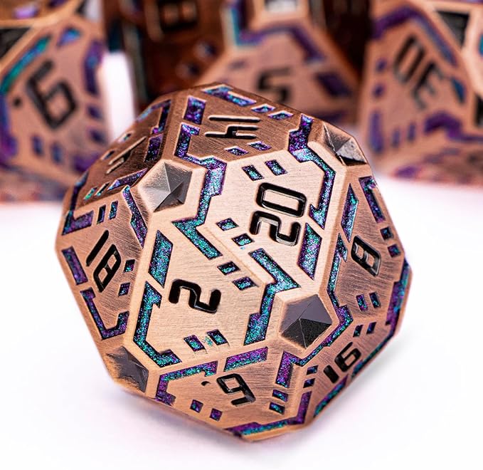 Metal DND Sci-fi Dice Set 7PCS Stripe Polyhedral Dice for Dungeons Dragons RPG Role Playing Game, Glitter D and D Dice with Gift Box D6 D8 D10 D12 D20 (Ancient Bronze&Green Purple)