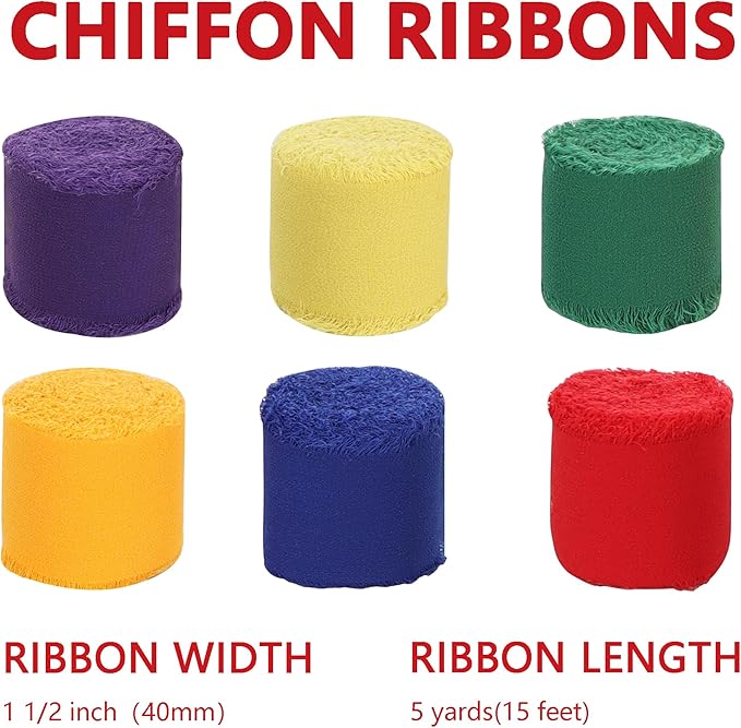 TONIFUL 6 Rolls Rainbow Set Chiffon Ribbon 1 1/2 Inch 5 Yards Fabric Silk for Gift Wrapping, Wedding Party Decoration, Flower Bouquet, Bows Making, DIY Crafts
