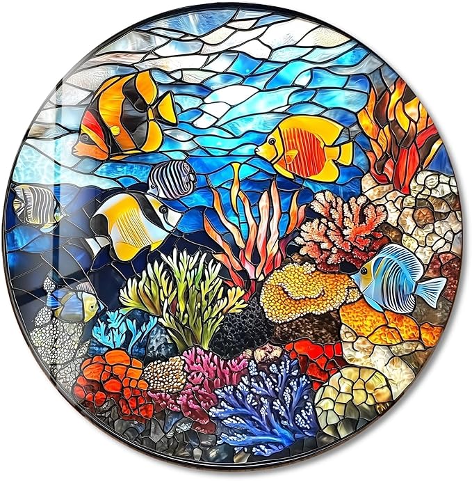 My Photostation.com 39,4''(100cm) Diameter Coral Reef Mosaic Round Glass Wall Art Tempered Glass Printing Wall Decor Large Wall Art Wall Hangings