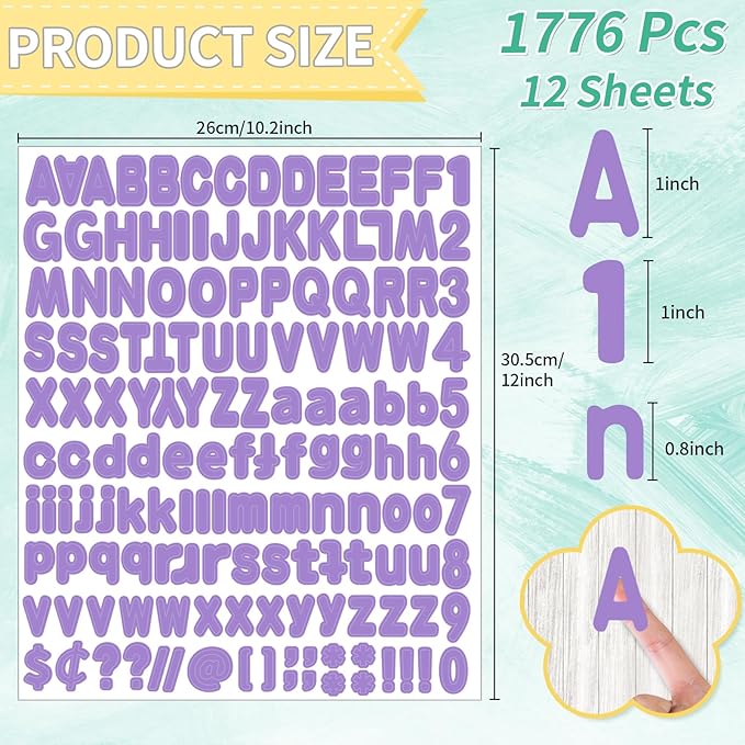Alphabet Stickers, 1''Inch Vinyl Letter Stickers, Purple - 12 Sheets, Mailbox Numbers & Bulletin Boards