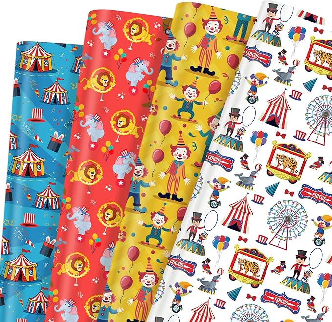 Pineraap 12 Sheets Circus Wrapping Paper, Cute Circus Acrobatic Clown Ferris Wheels Balloon Tent Pattern Folded Gift Packing Paper for Birthday, Baby Shower, Parties, Gifts, Crafts, 20 x 28 inch