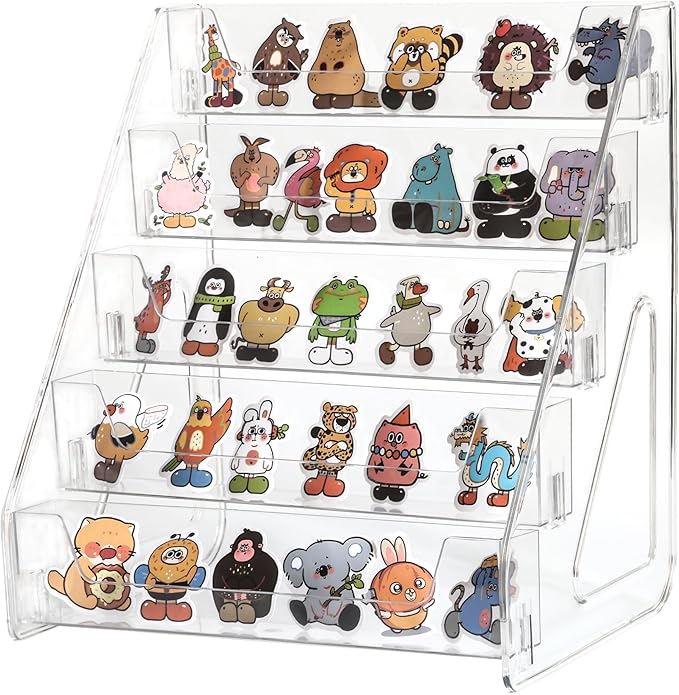 Card Display Stand set of 2, Clear 5-Tiered Shelf For Greeting Card, Stickers, Postcard, Sports Graded Card, Football Baseball Basketball Cards, Table Top Holder Display Rack For Psa Slabs (2 Pack)
