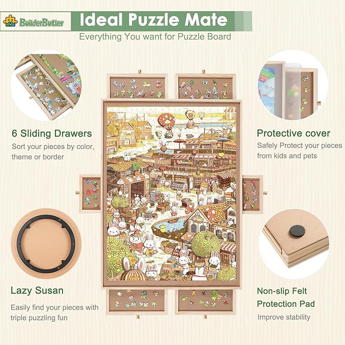 1500 Pieces Rotating Puzzle Board with 6 Drawers,34.25"x25.2" Portable Wooden Jigsaw Puzzle Table with Lazy Susan Spinning Cover