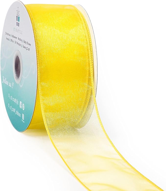 CT CRAFT LLC Sheer Organza Wired Ribbon 2.5" x 50Yards Yellow for Wedding Chair Bow Flora Bouquet Gift Wrapping Christmas Tree Home Decor Wreath