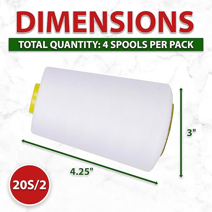 Mandala Crafts 4 Pack of Serger Threads Cones Spools - 20S/2 24000 Yards Polyester White Threads for Sergers Machine and Overlock Quilting Sewing Machine