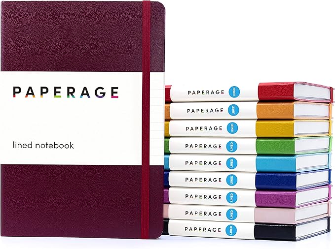 PAPERAGE Lined Journal Notebook, 10 Pack, (Bright Rainbow), 160 Pages, Medium 5.6 in x 8 in - 100 GSM Thick Paper – Hardcover Journaling Notebook for Work, School & Note Taking