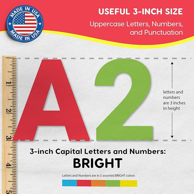 209 Pcs 3" Bright Bulletin Board Letters & Numbers, Capital, Numbers, Punctuation, US Made Card Stock Punch Out Letters for Poster, Bulletin Board, Classroom - Precut
