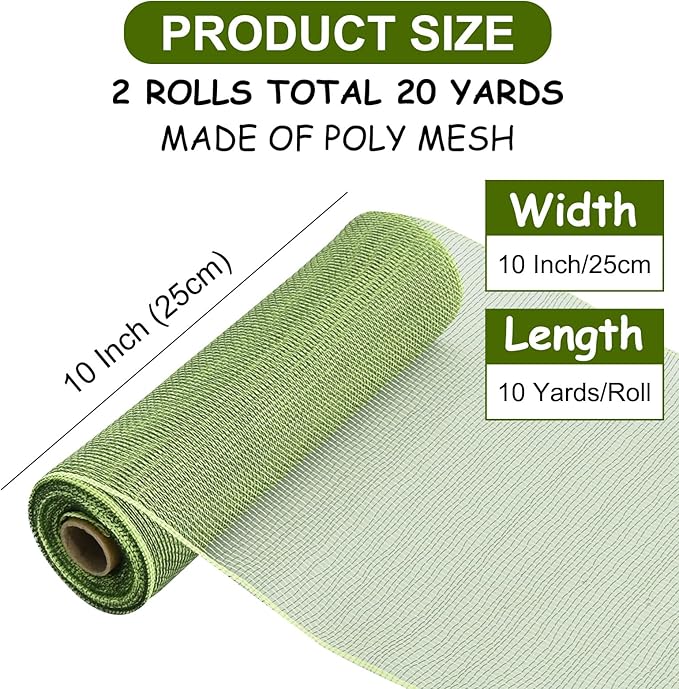 TONIFUL 2 Rolls 10 Inch Sage Green Decorative Mesh Ribbbon Rolls, Fabric Mesh for Mesh Wreath Supplies, Front Door Wreath Crafts Tree Decor Christmas NewYears Halloween Decoration (10 yds/roll)